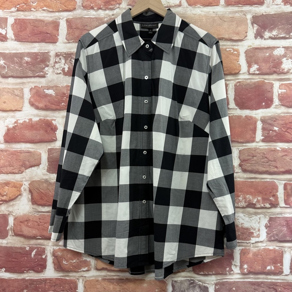 Lane Bryant Top Women's 18 Black White Buffalo Plaid Button Front Casual Shirt
